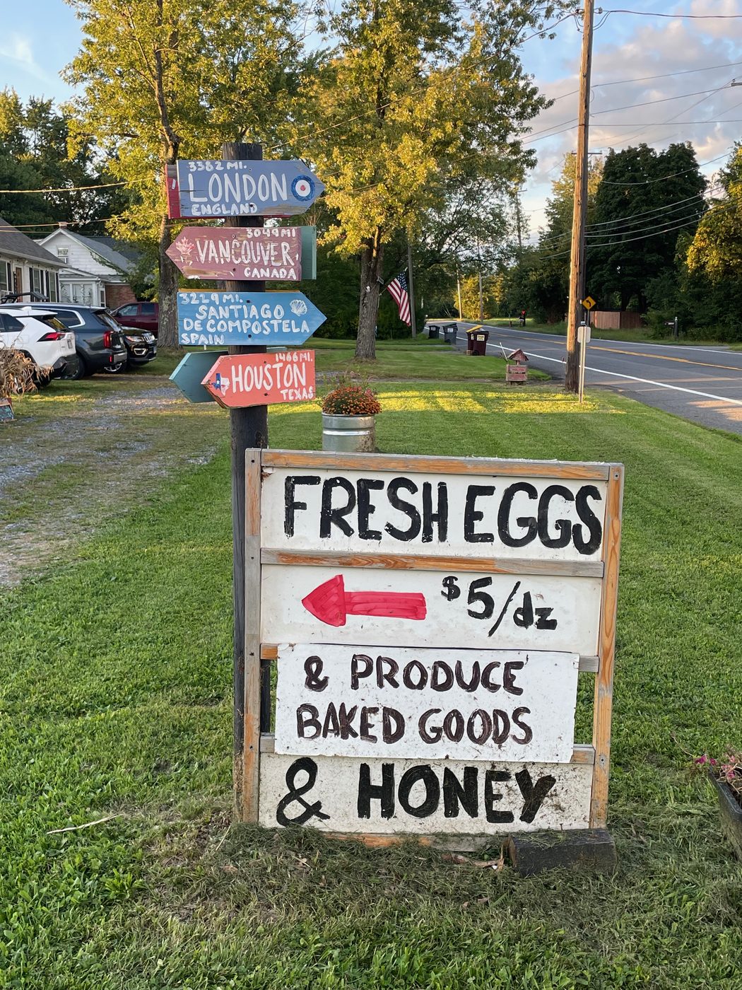 The hand-lettered roadside sign on Route 9: fresh eggs $5 a dozen, produce, baked goods and honey.
